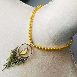 Handcrafted repurpose faux opal beaded fringe pendant Czech glass Pearl necklace